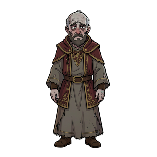 ill king fernando of berbanya in ibong adarna, pale and weak with tired , wearing loose, slightly disheveled medieval royal robes and a dim, sorrowful palace atmosphere.