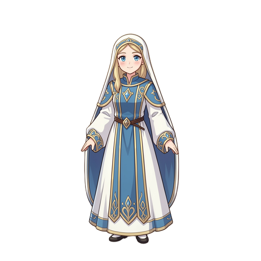 virgin mary–inspired fantasy rpg guardian in elegant white-and-blue medieval robes,  anime-style jrpg art with soft holy aura.her shape is kinda look like spirit cute and small version of her