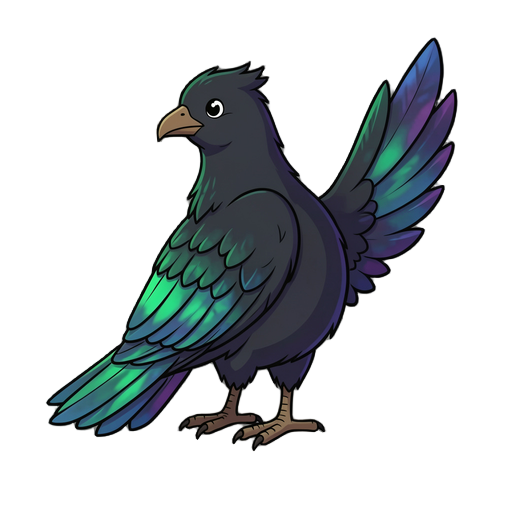 a real-life ibong adarna would look mostly dark and plain, with subtle feather structures that only reveal shifting emerald, blue, and violet iridescence when light hits it, giving a hidden shimmering effect instead of constant bright colors.