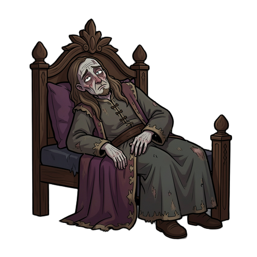 ill king fernando of berbanya in ibong adarna, pale and weak with tired eyes, slumped posture on a dark royal bed, wearing loose, slightly disheveled medieval royal robes and a dim, sorrowful palace atmosphere. theme medieval period 