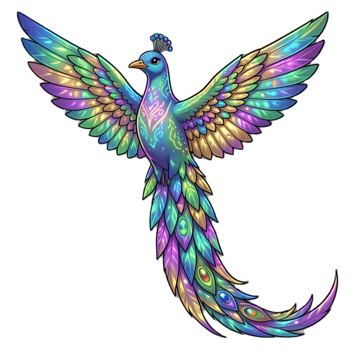 shimmering, iridescent feathers that shift between blue, green, gold, and violet depending on light, a long elegant tail with metallic sheen, and subtle glowing patterns along its wings or chest like biofluorescent markings, giving it a magical but biolog