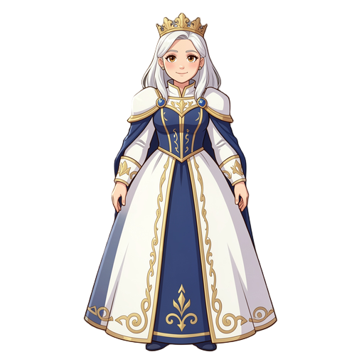 kind and nurturing personality with a calm royal demeanor, soft gentle facial features with warm expressive eyes, dignified fuller royal body structure, long neatly styled white hair, medieval queen theme, wearing white and deep blue regal colors with sub