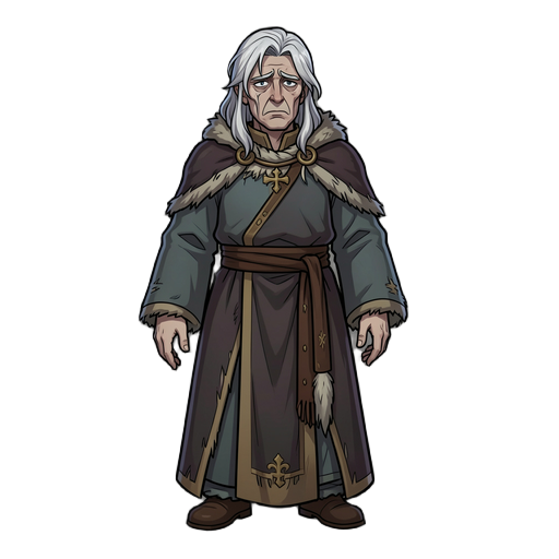 king fernando of berbanya in ibong adarna, pale , wearing loose, slightly disheveled medieval royal robes and a dim, sorrowful palace atmosphere. hair is white still wearing elegant body size large like not thin body 