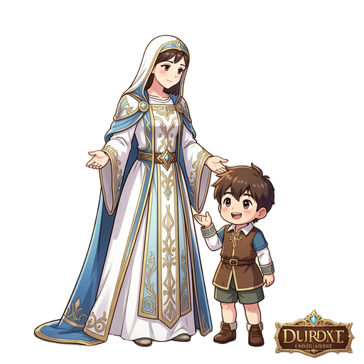 virgin mary–inspired fantasy rpg guardian in elegant white-and-blue medieval robes, warmly guiding a cheerful child companion, anime-style jrpg art with soft holy aura.