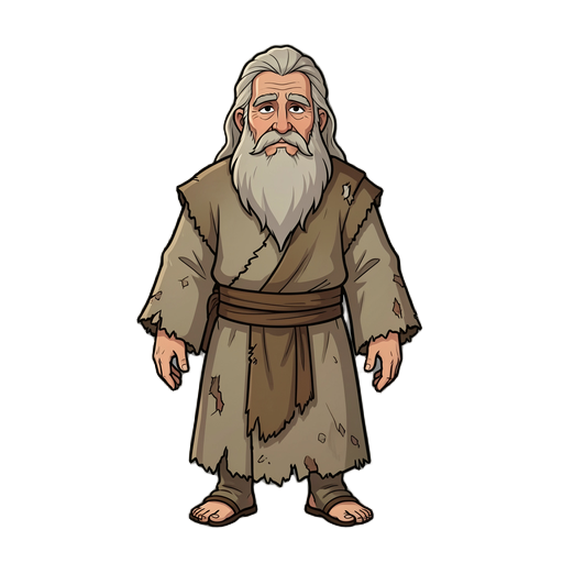 old hermit living in isolation in the mountains, wise and spiritual, with a long beard, simple worn robes, and a calm, mystical presence. he serves as a guide who helps don juan with advice, magical knowledge, and moral direction.