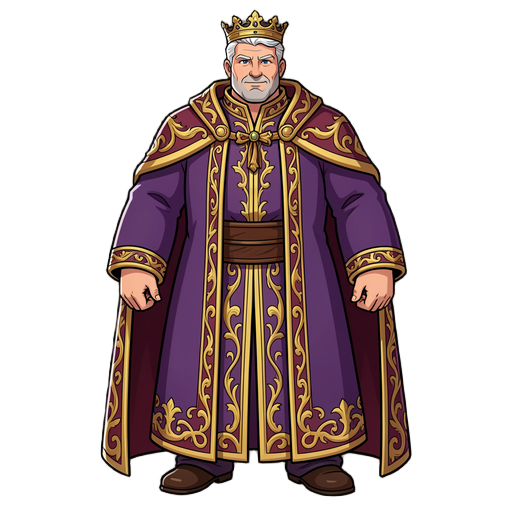 strong and dignified with a fuller, healthy large build (not thin), white hair neatly groomed, wearing majestic and well-fitted elegant medieval royal robes with gold embroidery, with a crown