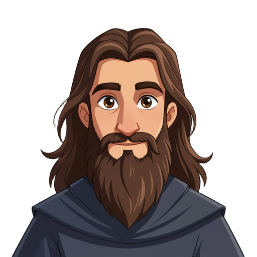 caucasian european monk with long brunette hair and beard  