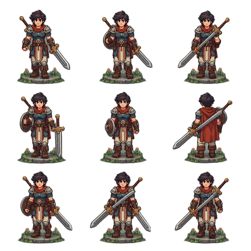 crie a ´rite desse personagem com a espada nas costas em 8 posições: cima, baixo, esquerda, direita, diagonal superior esquerda, diagonal superior direita, diagonal inferior esquerda, diagonal inferior direita, todas com 8 quadros de movimendo fazer a mov