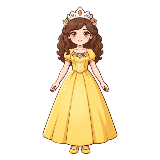 crie uma princesa no estilo kawai de vestido longo e chapel na cabeça o vestido amarelo chapel branco com flores em pose de t seus cabelos cacheados e olhos cor de mel sapatos amarelos