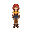 the character is a young woman with short red hair, pale skin, and bright green eyes. she wears a completely different outfit from the reference