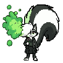 skunk girl with a massive fluffy tail farting green smelly gas from behind holding a red rose