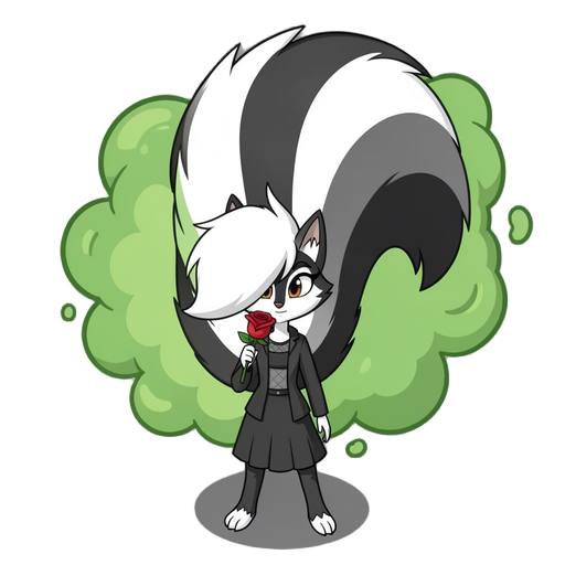 skunk girl with a massive fluffy tail releasing green smelly gas from behind holding a red rose