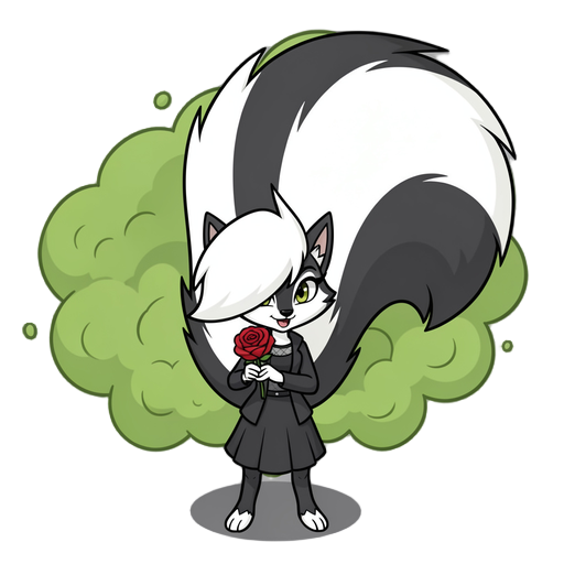 skunk girl with a massive fluffy tail releasing green smelly gas from behind holding a red rose