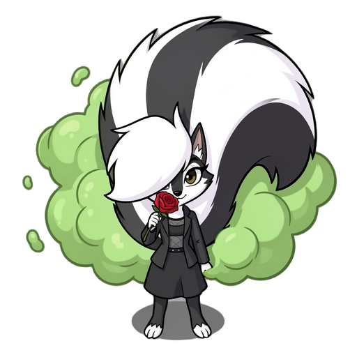 skunk girl with a massive fluffy tail releasing green smelly gas from behind holding a red rose