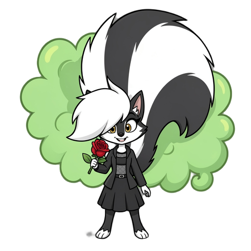 skunk girl with a massive fluffy tail releasing green smelly gas from behind holding a red rose