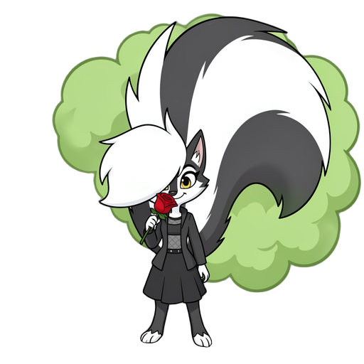 skunk girl with a massive fluffy tail releasing green smelly gas from behind holding a red rose