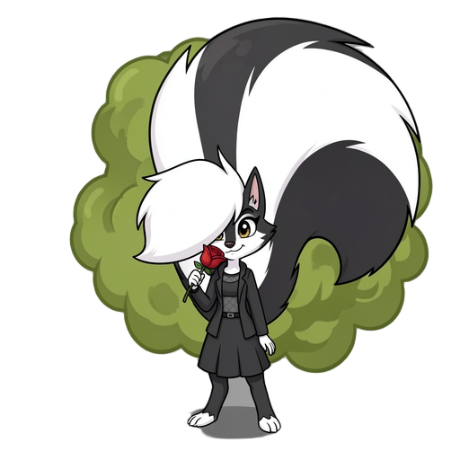 skunk girl with a massive fluffy tail releasing green smelly gas from behind holding a red rose