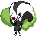skunk girl with a massive fluffy tail releasing green smelly gas from behind holding a red rose