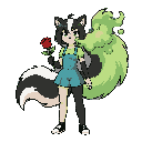 skunk girl with a massive fluffy tail farting green smelly gas from behind holding a red rose