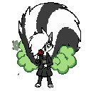 skunk girl with a massive fluffy tail farting green smelly gas from behind holding a red rose
