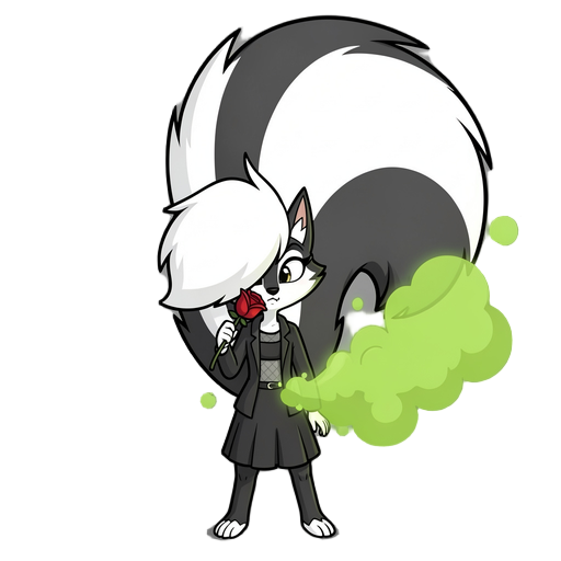 skunk girl with a massive fluffy tail releasing green smelly gas from her butt holding a red rose