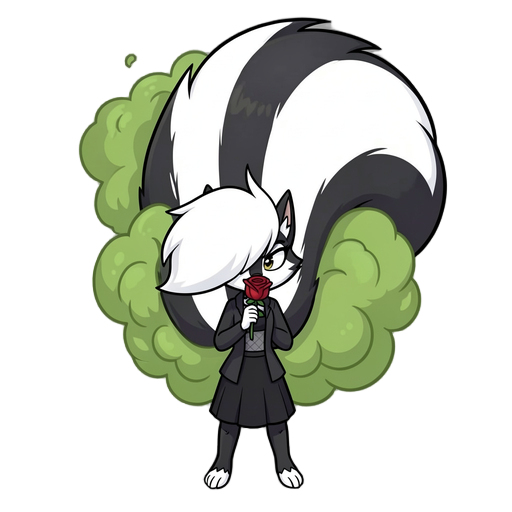 skunk girl with a massive fluffy tail farting green smelly gas from behind holding a red rose