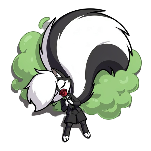 skunk girl with a massive fluffy tail farting green smelly gas from behind holding a red rose, laying on the floor sleeping 