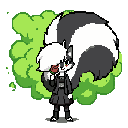 skunk girl with a massive fluffy tail releasing green smelly gas from behind holding a red rose