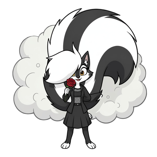 skunk girl with a massive fluffy tail releasing smelly gas from behind holding a red rose 