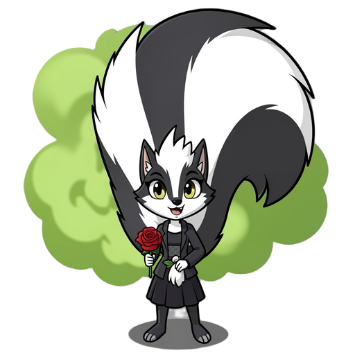 skunk girl with a massive fluffy tail releasing green smelly gas from behind holding a red rose