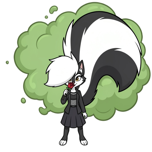 skunk girl with a massive fluffy tail releasing green smelly gas from behind holding a red rose