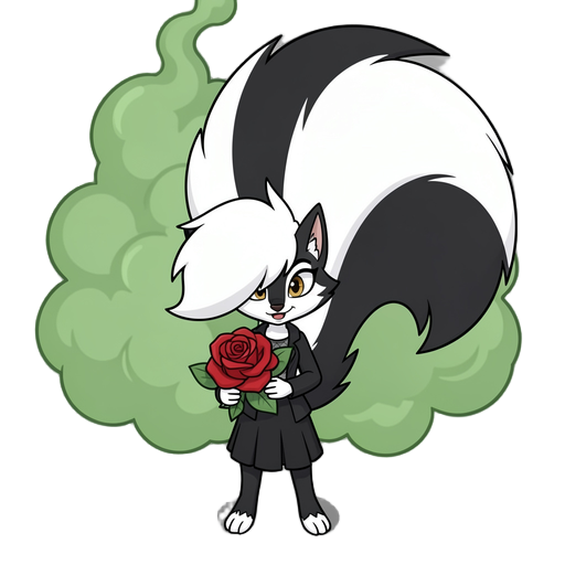 skunk girl with a massive fluffy tail releasing green smelly gas from behind holding a red rose