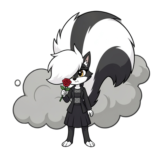 skunk girl with a massive fluffy tail releasing smelly gas from behind holding a red rose 