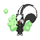 skunk girl with a massive fluffy tail farting green smelly gas from behind holding a red rose