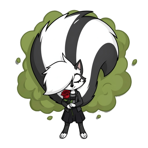 skunk girl with a massive fluffy tail farting green smelly gas from behind holding a red rose sleeping on the floor