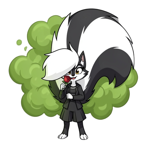 skunk girl with a massive fluffy tail farting green smelly gas from behind holding a red rose