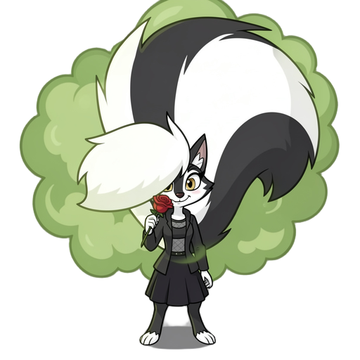 skunk girl with a massive fluffy tail farting green smelly gas from behind holding a red rose