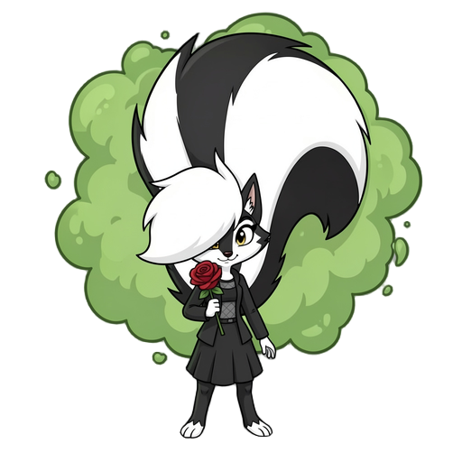 skunk girl with a massive fluffy tail releasing green smelly gas from behind holding a red rose