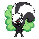 skunk girl with a massive fluffy tail releasing green smelly gas from behind holding a red rose