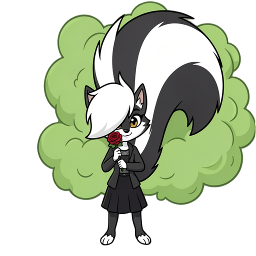 skunk girl with a massive fluffy tail releasing green smelly gas from behind holding a red rose