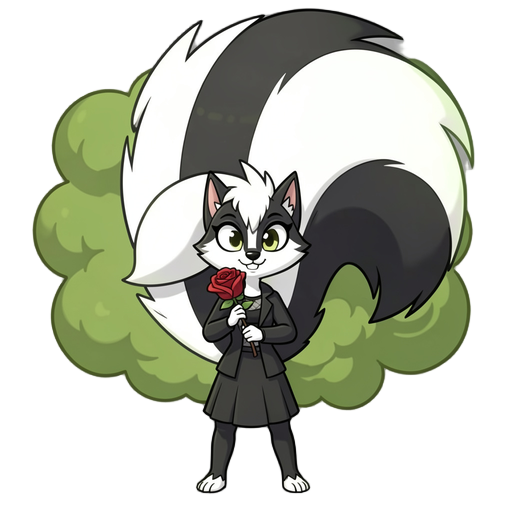 skunk girl with a massive fluffy tail releasing green smelly gas from behind holding a red rose