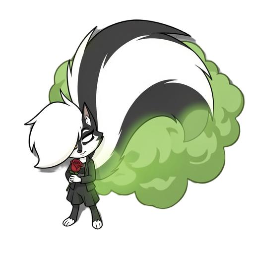 skunk girl with a massive fluffy tail farting green smelly gas from behind holding a red rose sleeping on the floor