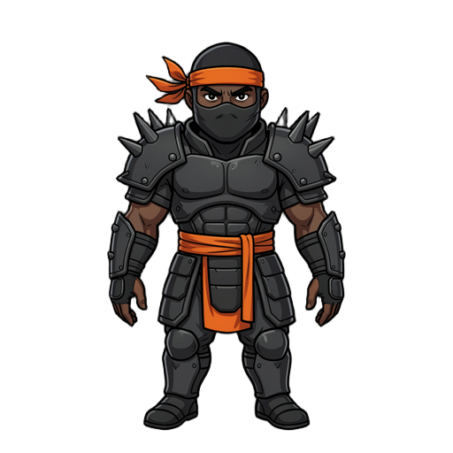 a detailed black and gray ninja with spiky shoulder armor, a orange headband, a orange belt, chest armor, and dark skin color