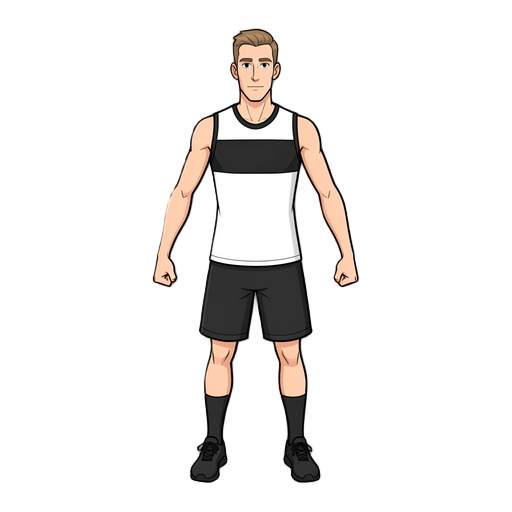 full-body 2d game character based on the reference image, front view, t-pose, fists closed, arms straight to the sides, legs slightly apart. slim tall athletic male, light skin, long narrow face, short light brown hair, calm expression. white sleeveless s