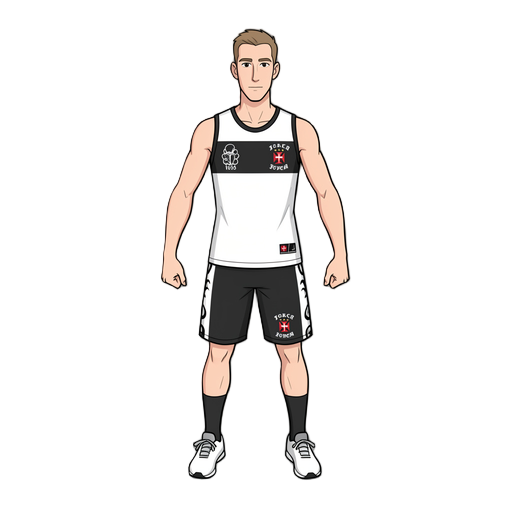 full-body 2d game character based on the reference image, front view, t-pose, fists closed, arms slightly down but extended, legs slightly apart. slim tall athletic male, light skin, short light brown hair, long narrow face, calm expression. white sleevel