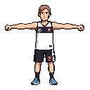 small 2d game sprite for smack studio, front view, true t-pose, fists closed, arms straight horizontal to the sides. keep the same outfit and body proportions. improve the head using the face reference: short light brown hair with visible hairstyle, long 