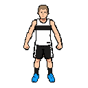 small 2d game sprite for smack studio, 120x120 style, front view, t-pose, fists closed, arms straight to the sides, legs slightly apart. slim athletic male, light skin, short light brown hair, simple readable face. white sleeveless shirt with black chest 