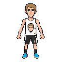 small 2d game sprite for smack studio, front view, t-pose, fists closed. keep the same body, outfit and pose from the reference. improve the face to match the face reference: short light brown hair clearly visible, long slim face, defined jaw, dark eyebro