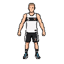 full-body 2d game character based on the reference image, front view, t-pose, fists closed, arms straight to the sides, legs slightly apart. slim tall athletic male, light skin, long narrow face, short light brown hair, calm expression. white sleeveless s