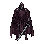 a warrior for a medieval rpg. he has black armor, a reddish-purple cape, his armor is made of iron, and he wields a silver sword.